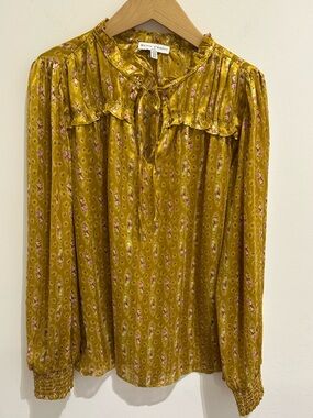 Maison d'Amelie Mustard Floral Tie-Neck Blouse